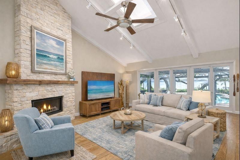 Fireplace, Interior, Living room, Stone Walls, Wood Texture Flooring