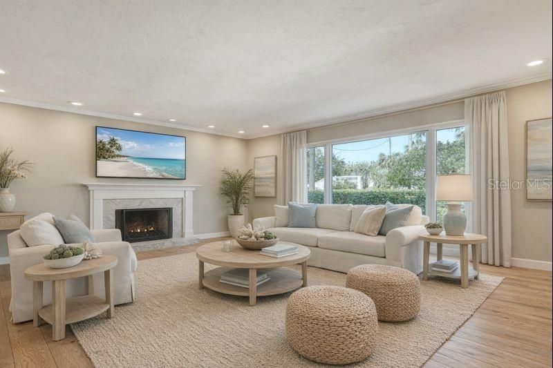 Fireplace, Interior, Living room, Recessed Lighting, Wood Texture Flooring