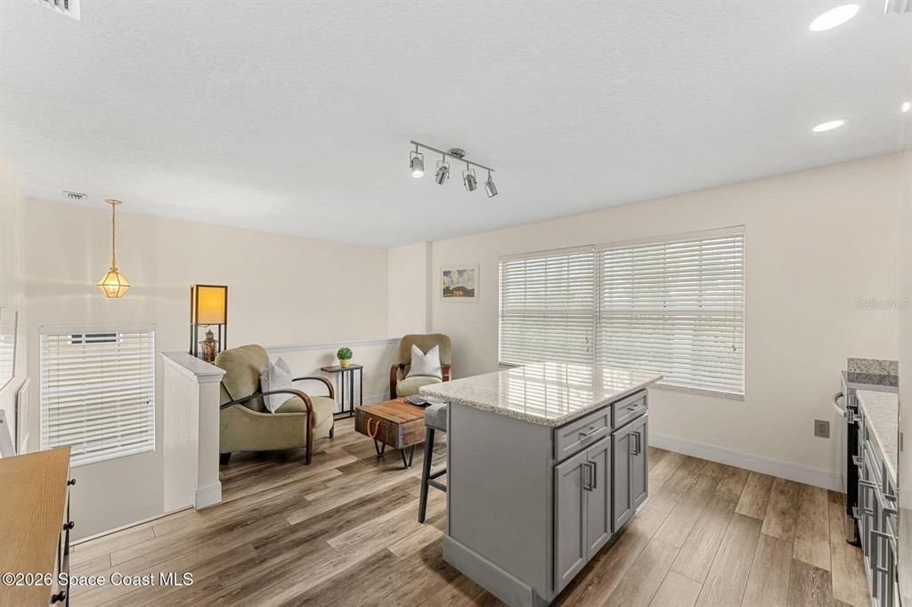 Interior, Living room, Pendant Lights, Recessed Lighting, Wood Texture Flooring