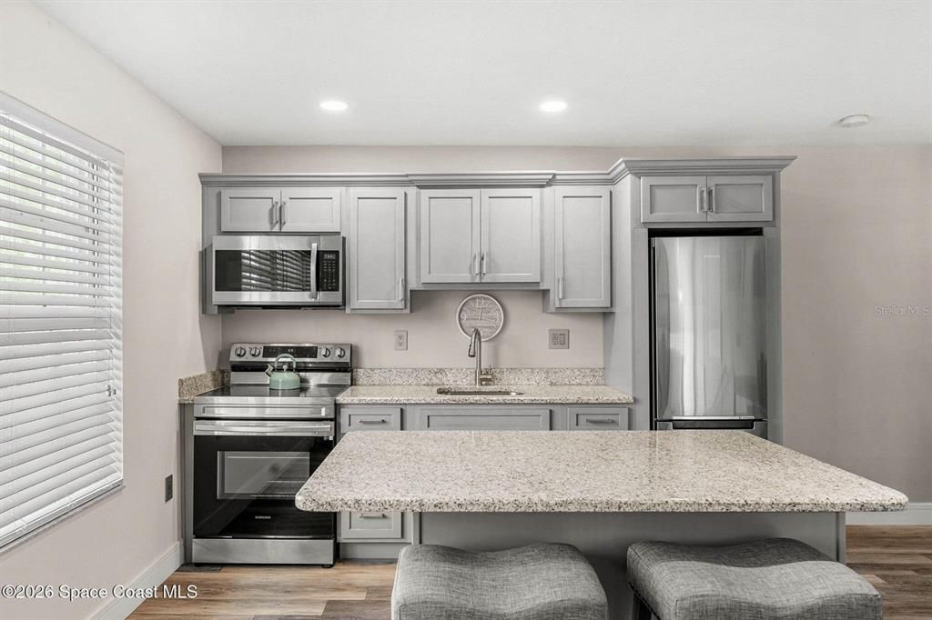 Interior, Kitchen, Recessed Lighting, Stainless Steel Appliances, Wood Texture Flooring