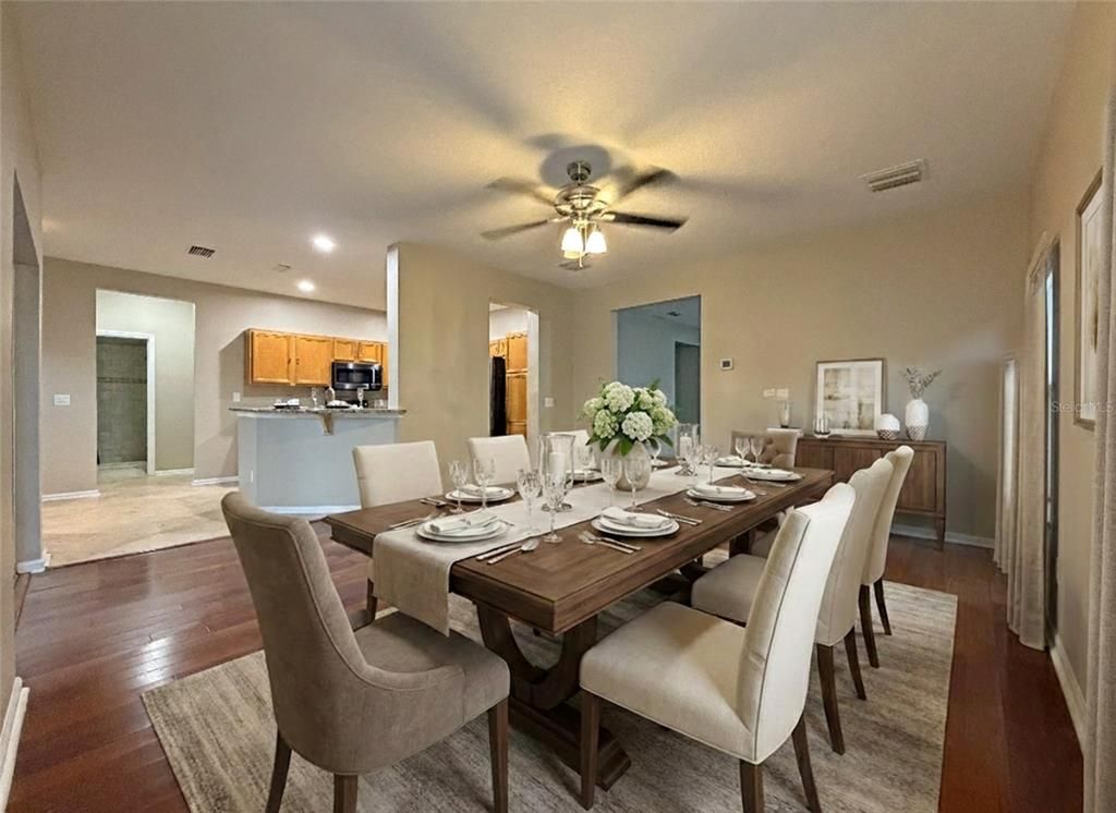 Dining room, Interior, Kitchen, Recessed Lighting, Wood Texture Flooring