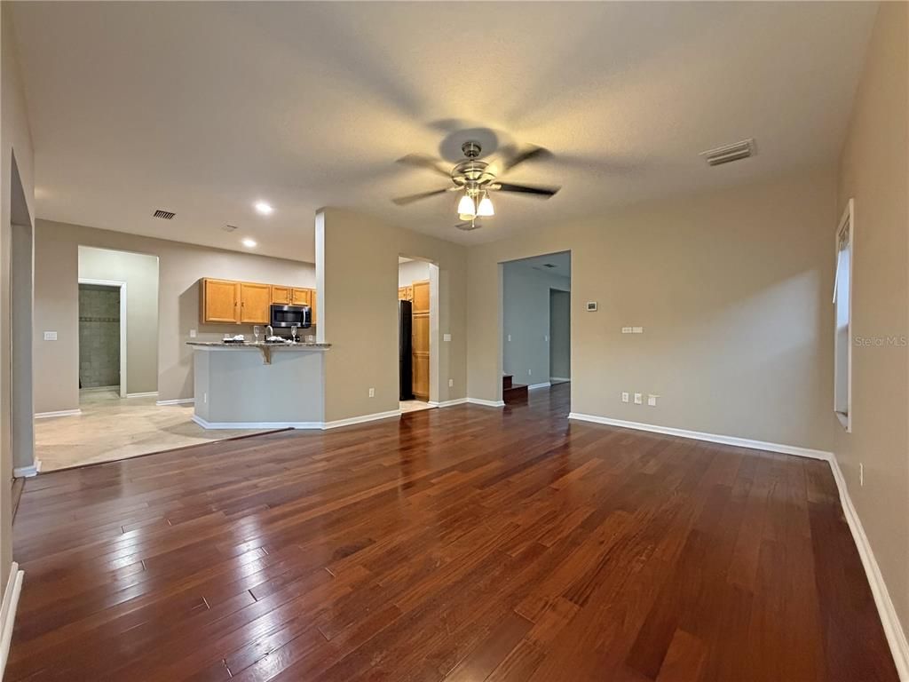 Empty room, Interior, Kitchen, Recessed Lighting, Wood Texture Flooring