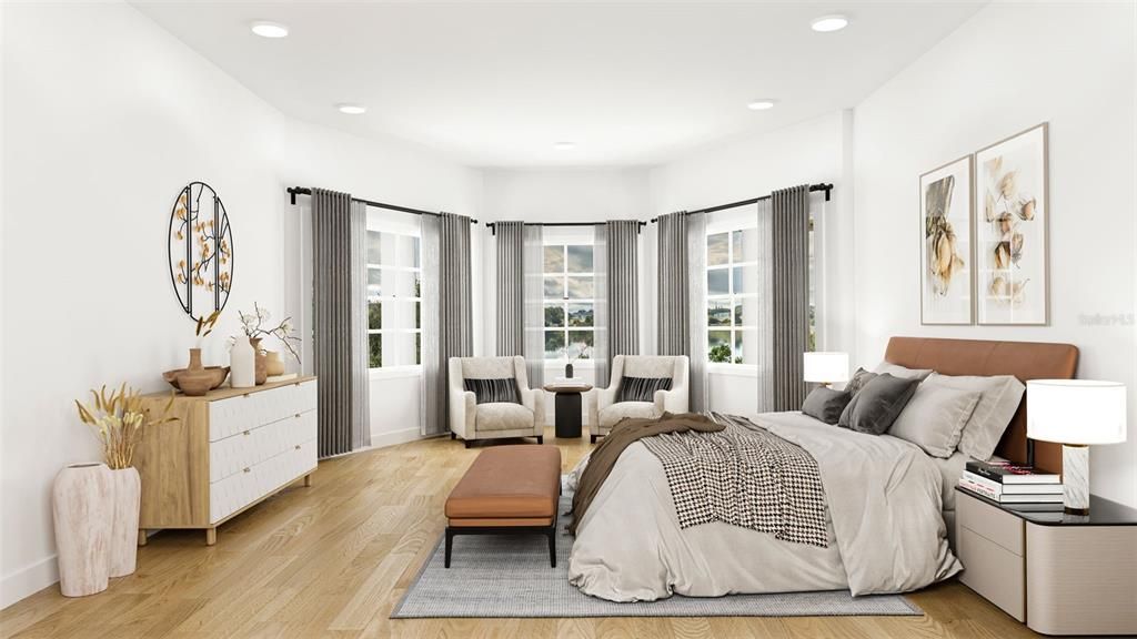 Bedroom, Interior, Recessed Lighting, Wood Texture Flooring