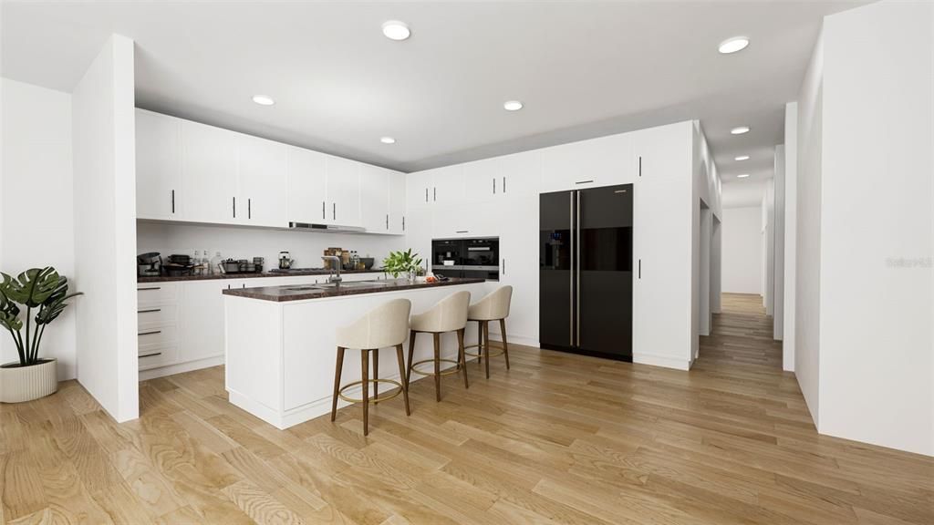 Interior, Kitchen, Recessed Lighting, Wood Texture Flooring