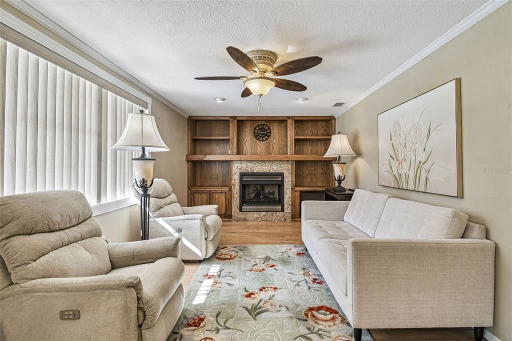 Fireplace, Interior, Living room, Recessed Lighting, Wood Texture Flooring