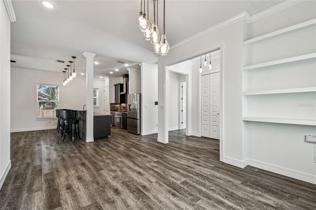 Interior, Kitchen, Pendant Lights, Recessed Lighting, Wood Texture Flooring