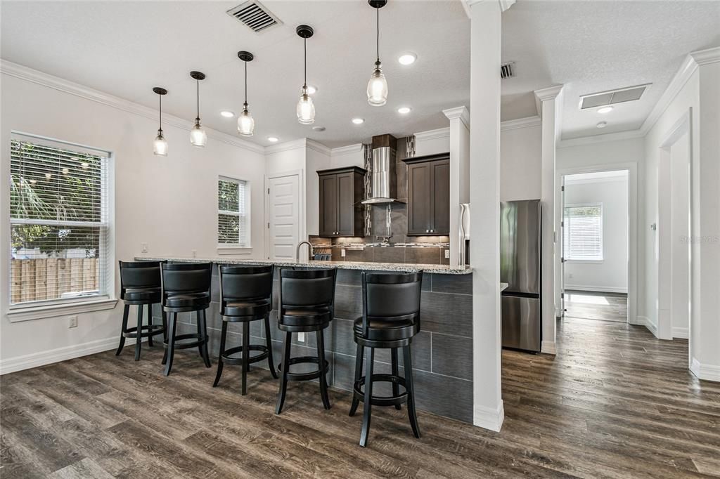 Interior, Kitchen, Pendant Lights, Recessed Lighting, Stainless Steel Appliances, Wood Texture Flooring