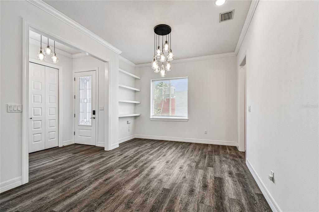Empty room, Interior, Pendant Lights, Recessed Lighting, Wood Texture Flooring