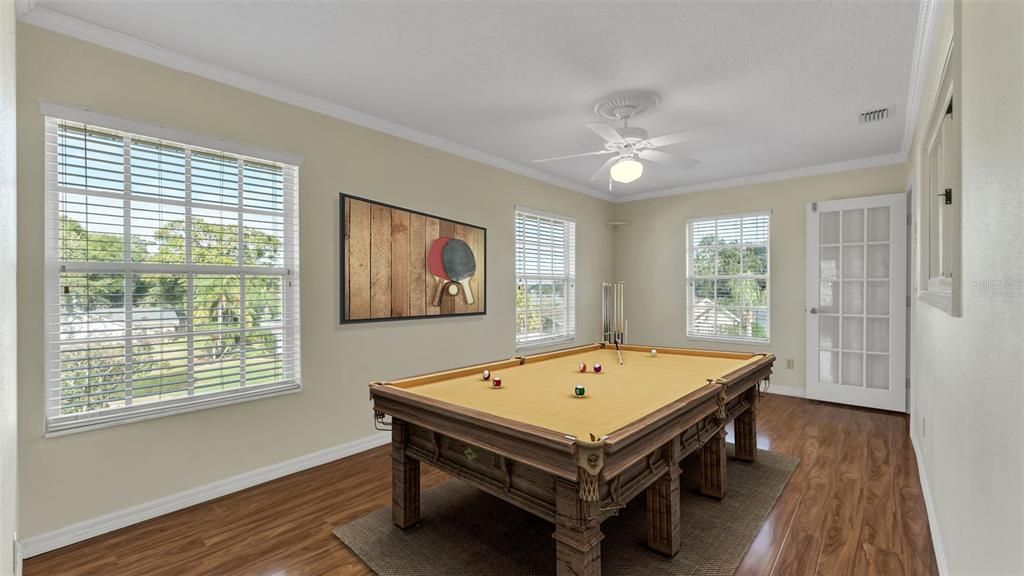 Billiard Table, Game Room, Interior, Wood Texture Flooring
