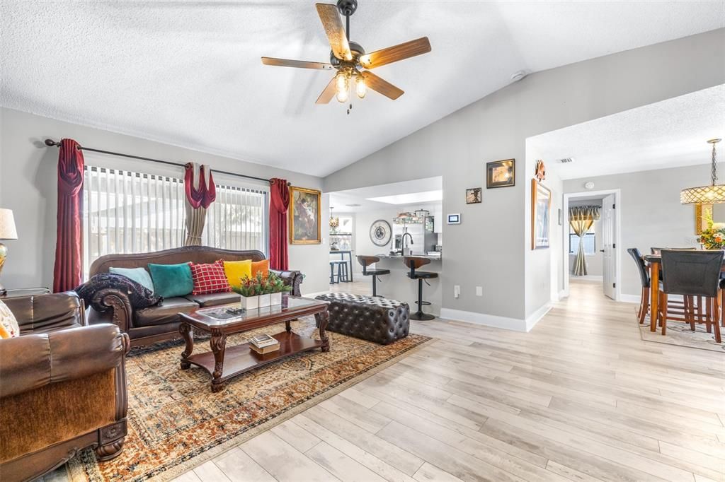 Dining room, Interior, Living room, Pendant Lights, Wood Texture Flooring