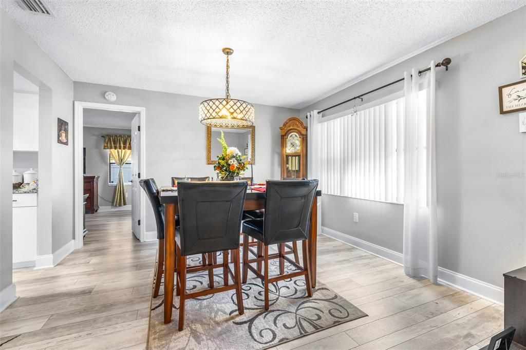Dining room, Interior, Pendant Lights, Wood Texture Flooring