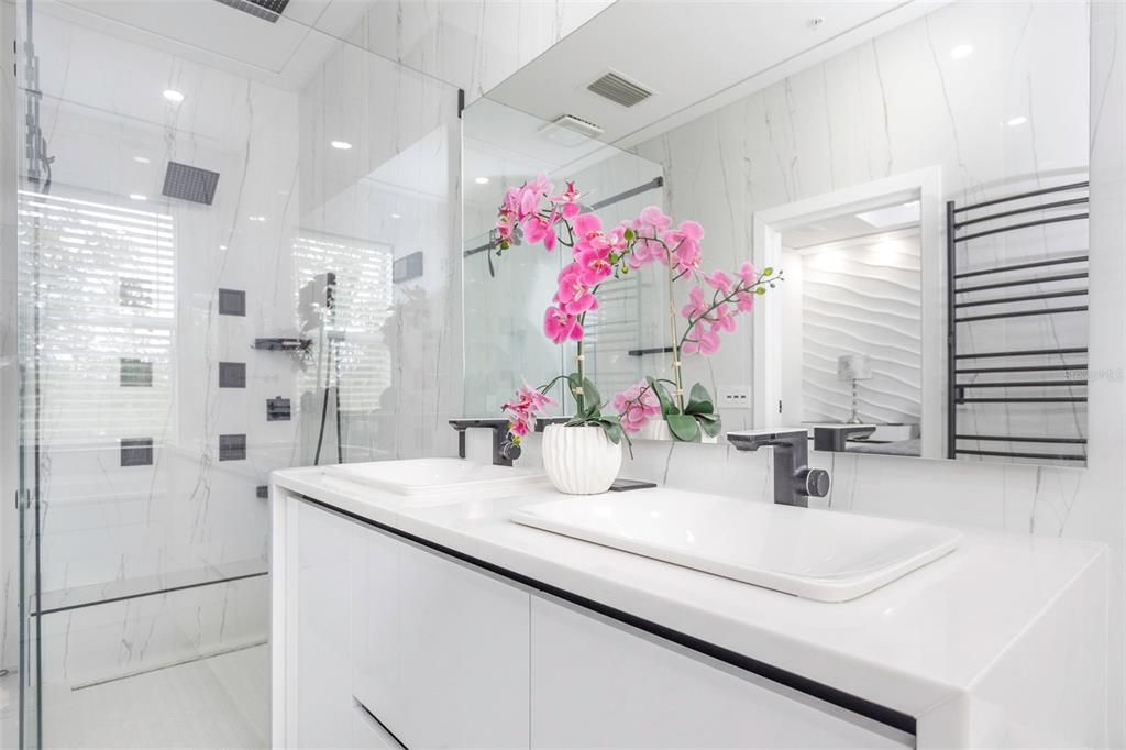 Bathroom, Glass Shower, Interior, Marble Walls, Recessed Lighting