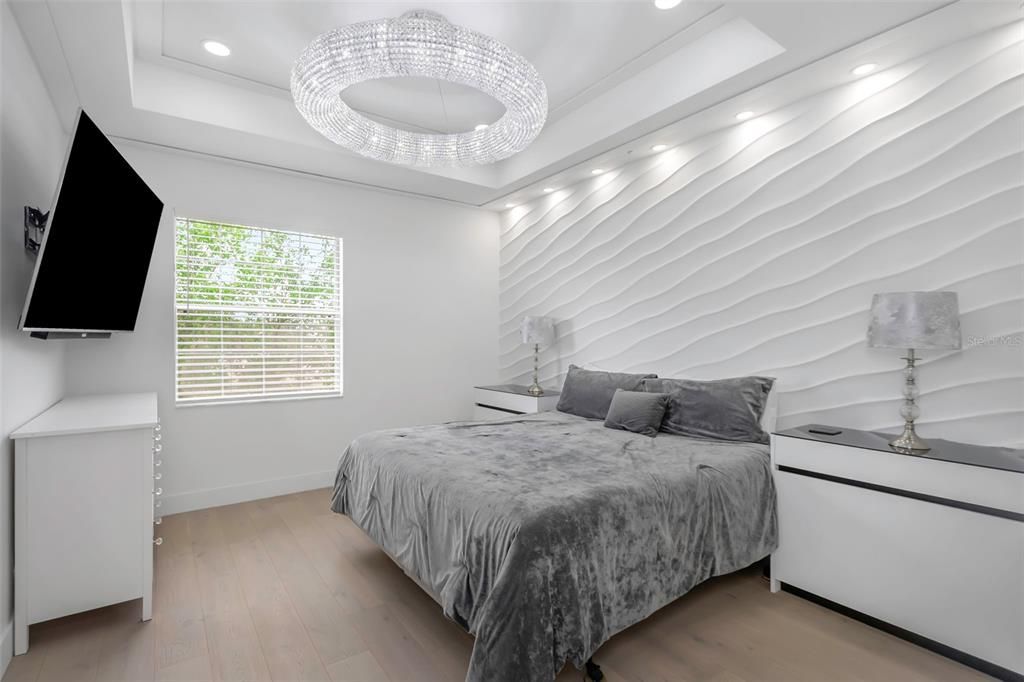 Bedroom, Interior, Pendant Lights, Recessed Lighting, Wood Texture Flooring