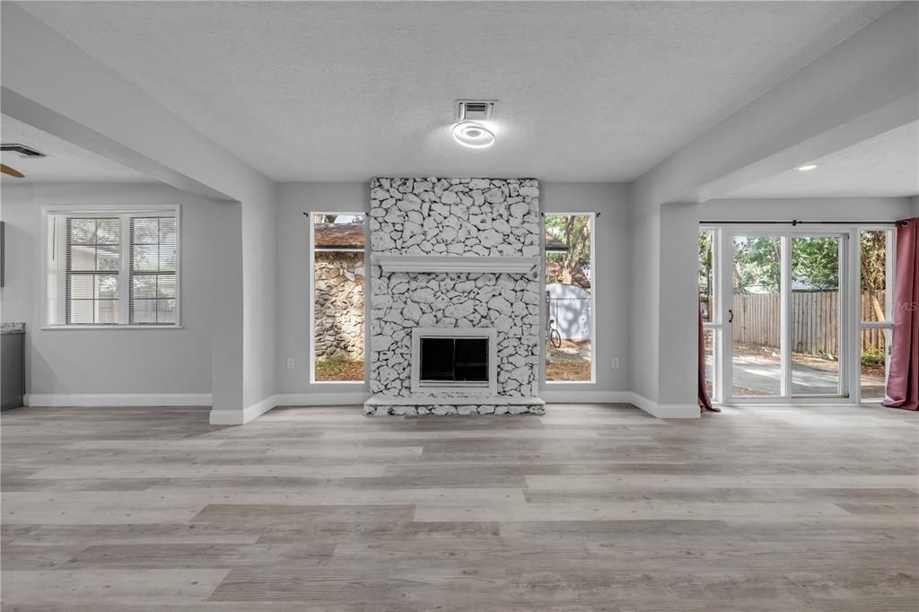 Empty room, Fireplace, Interior, Stone Walls, Wood Texture Flooring