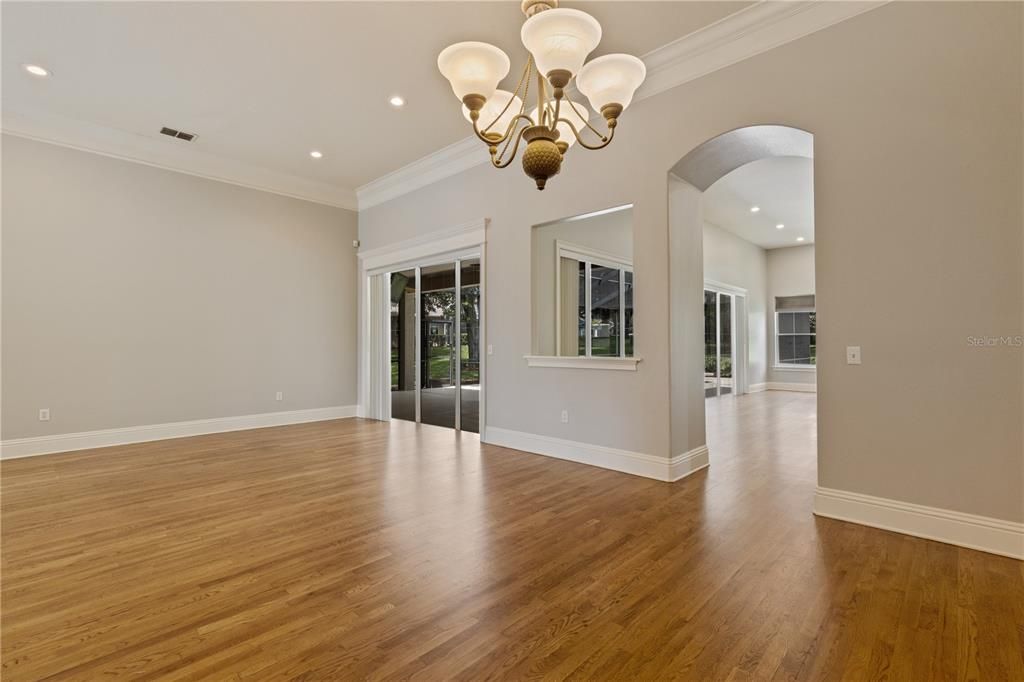 Chandelier, Empty room, Interior, Recessed Lighting, Wood Texture Flooring