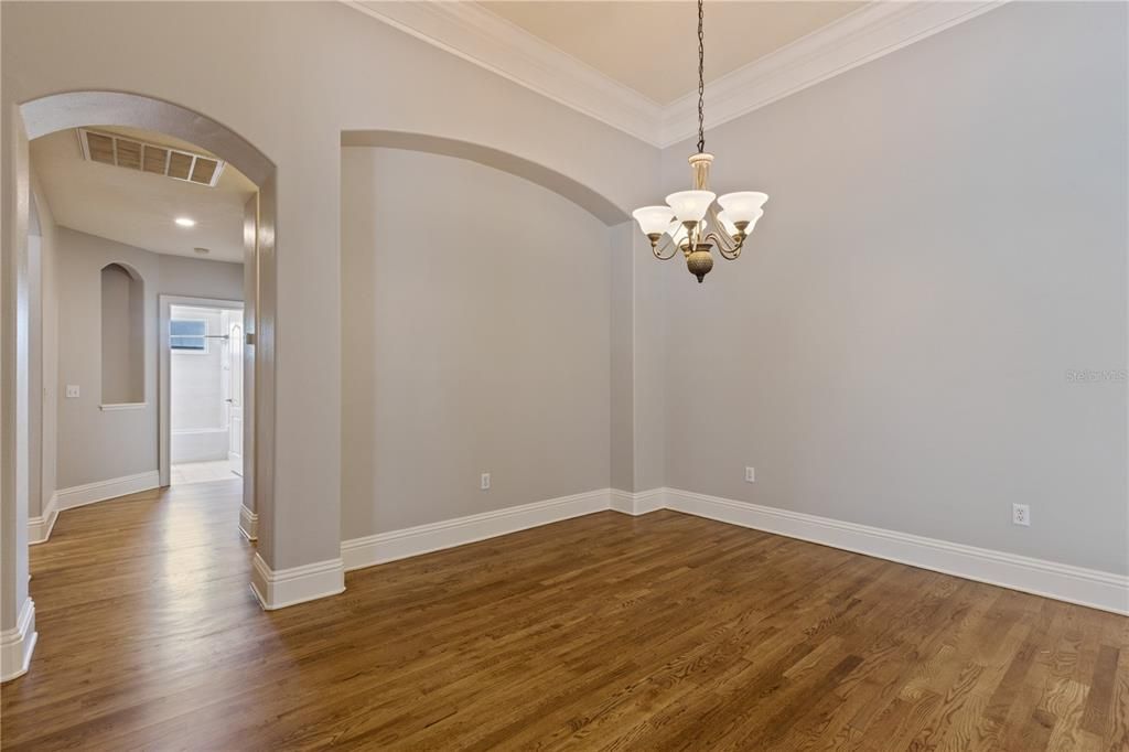 Chandelier, Empty room, Interior, Recessed Lighting, Wood Texture Flooring