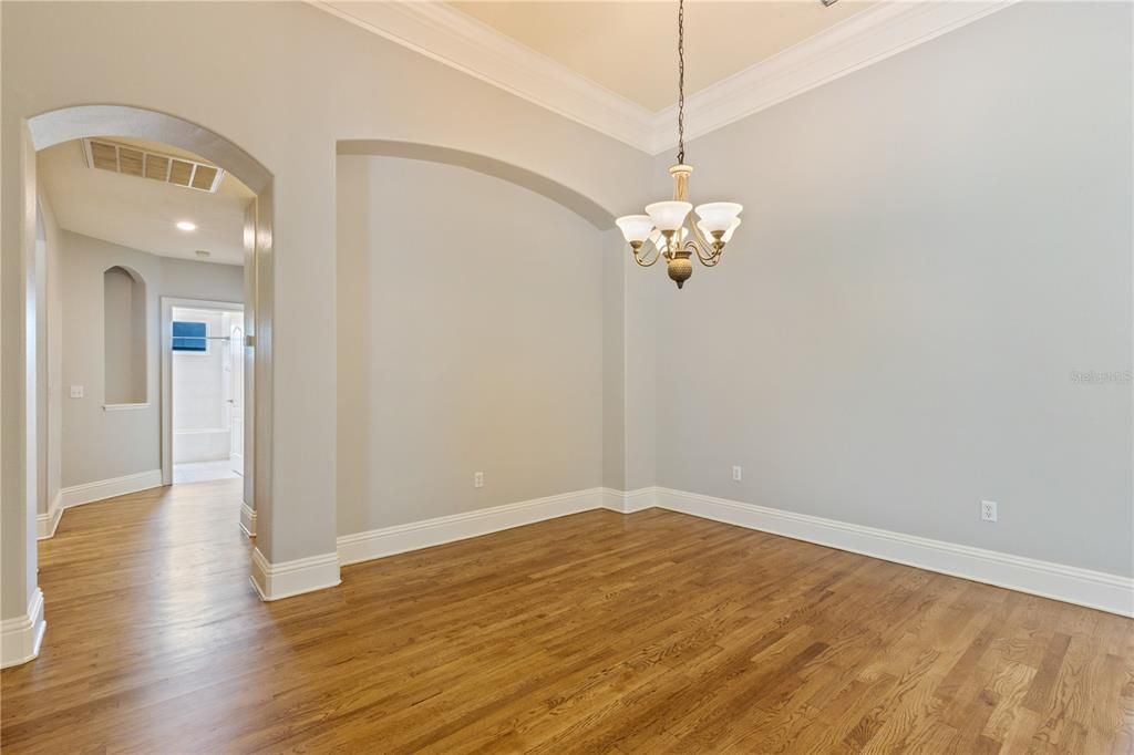 Chandelier, Empty room, Interior, Recessed Lighting, Wood Texture Flooring