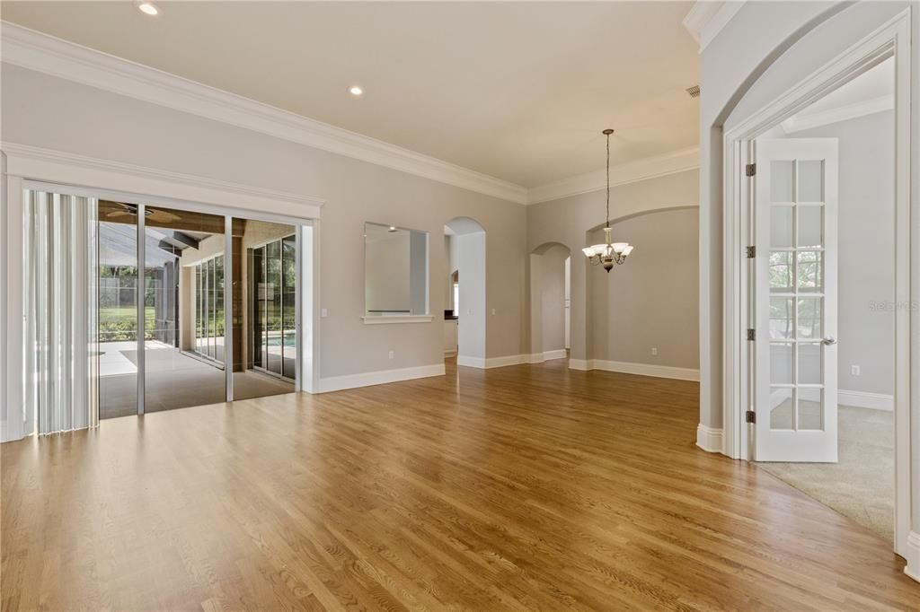 Chandelier, Empty room, Interior, Recessed Lighting, Wood Texture Flooring