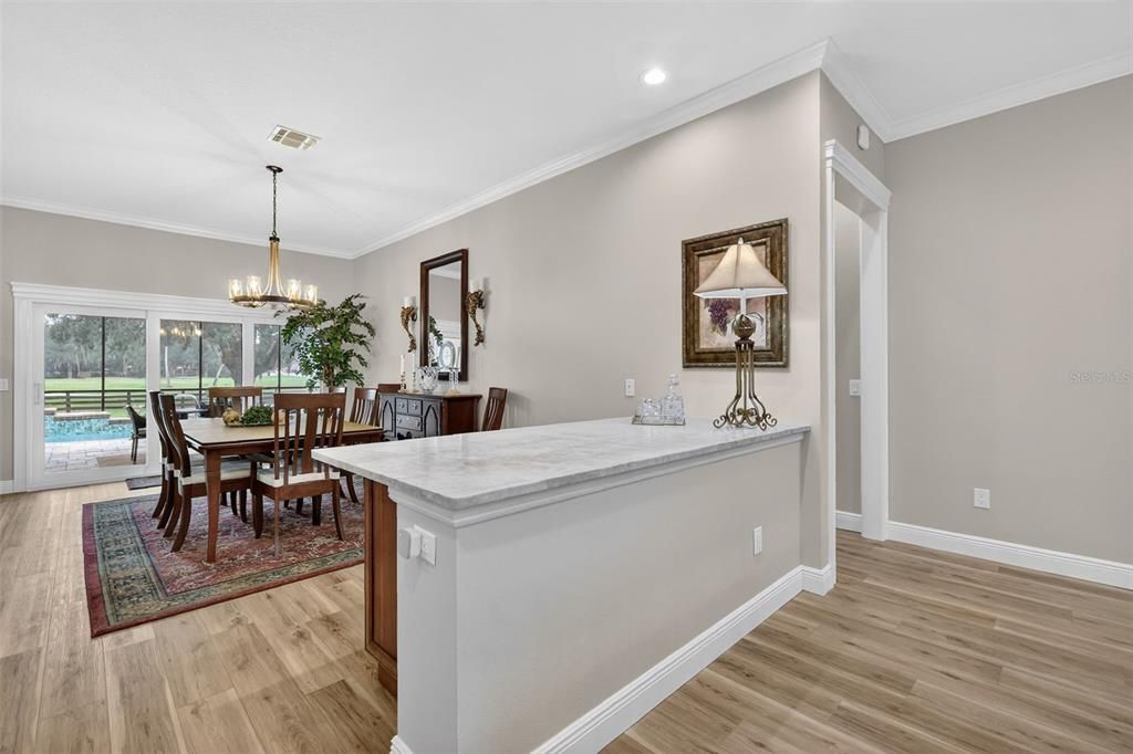 Chandelier, Dining room, Interior, Recessed Lighting, Wood Texture Flooring