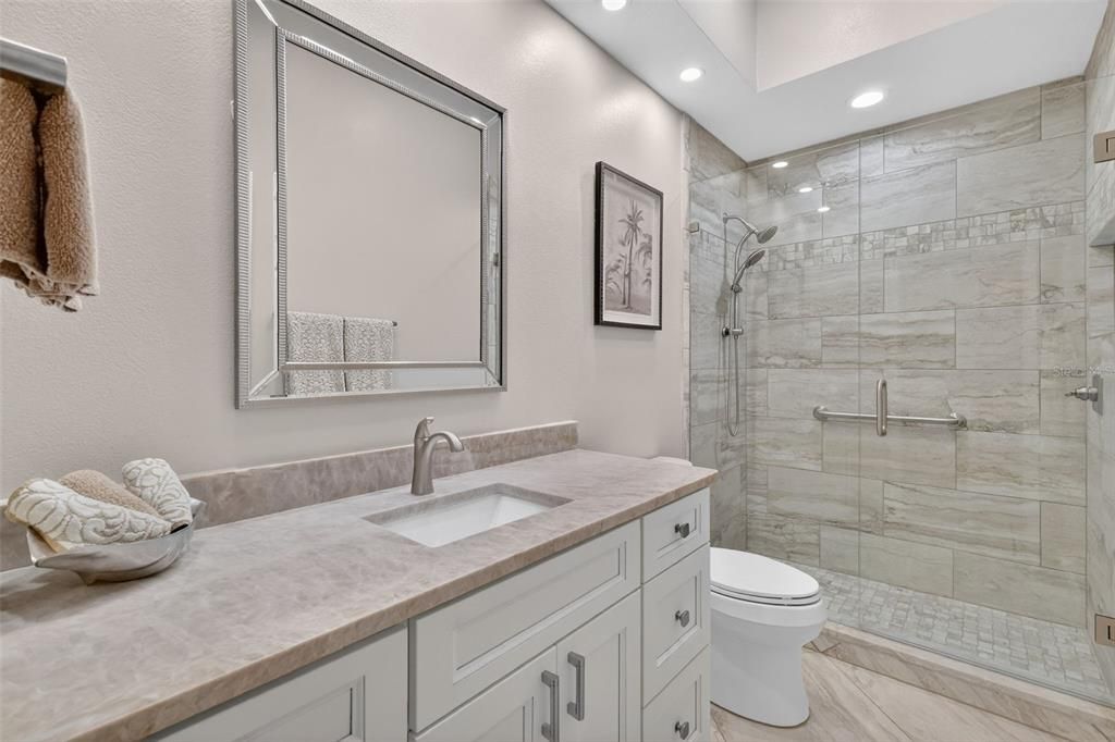 Bathroom, Glass Shower, Interior, Marble Walls, Recessed Lighting