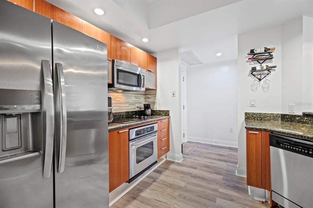Interior, Kitchen, Recessed Lighting, Stainless Steel Appliances, Wood Texture Flooring