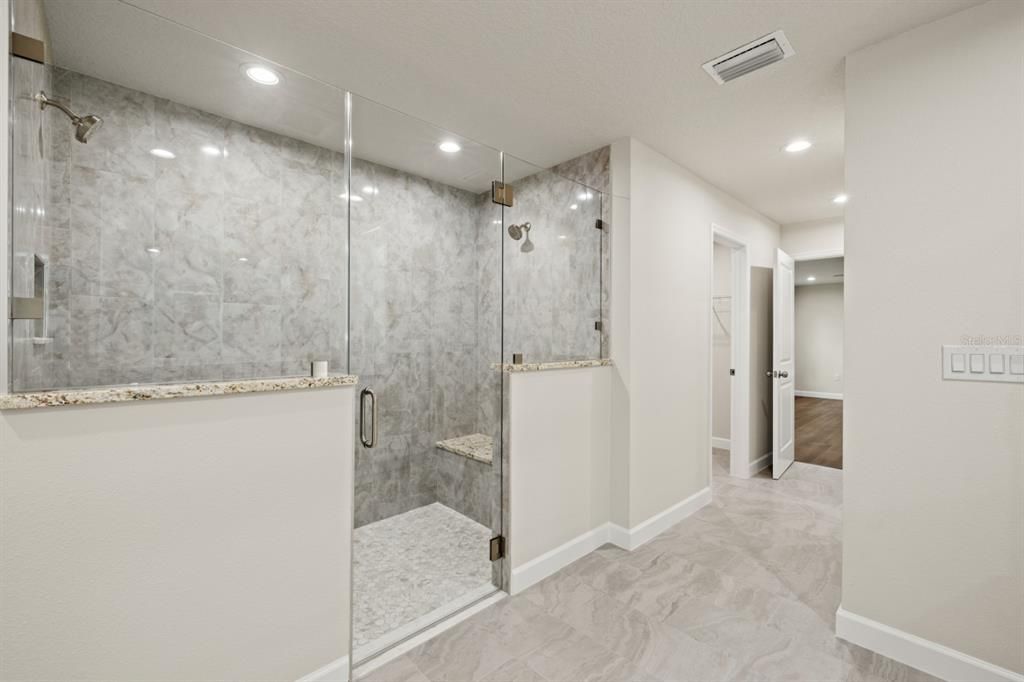Bathroom, Glass Shower, Interior, Marble Walls, Recessed Lighting
