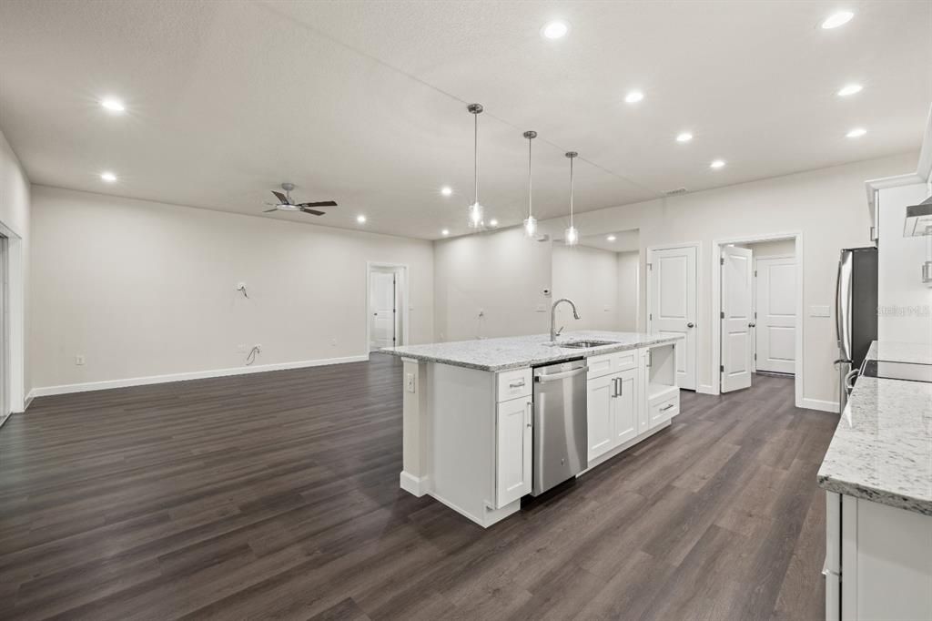 Interior, Kitchen, Pendant Lights, Recessed Lighting, Wood Texture Flooring