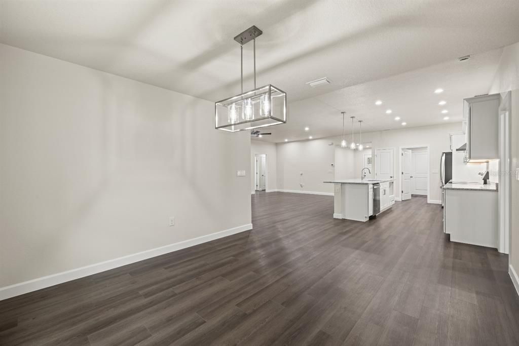 Empty room, Interior, Kitchen, Pendant Lights, Recessed Lighting, Wood Texture Flooring