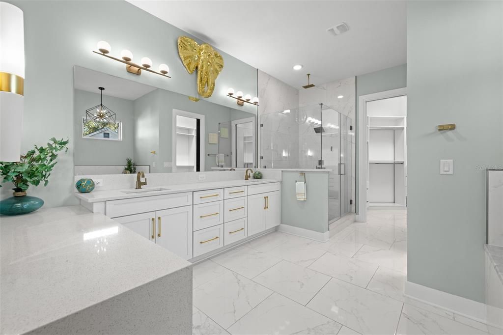 Bathroom, Dual Sink Vanities, Glass Shower, Interior, Marble, Marble Walls, Recessed Lighting