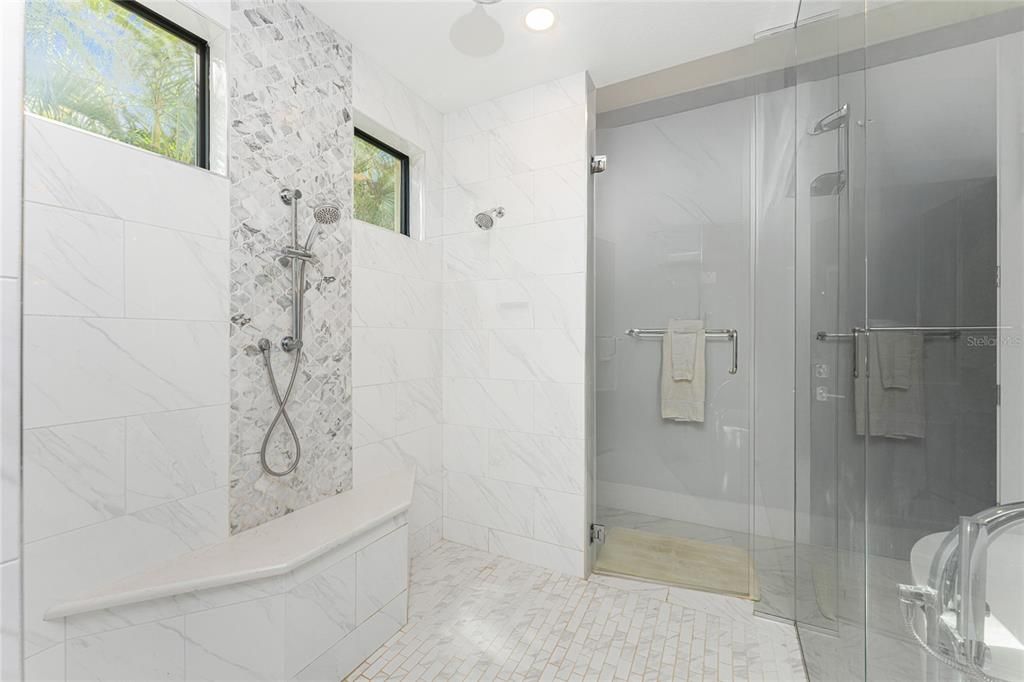 Bathroom, Glass Shower, Interior, Marble Walls, Recessed Lighting