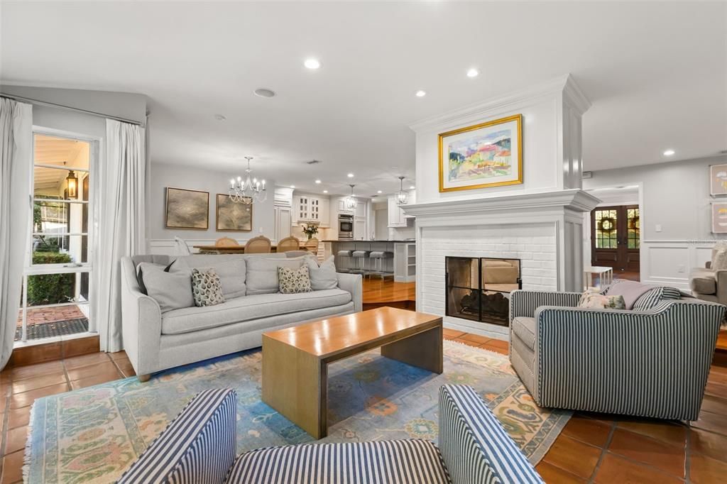 Chandelier, Dining room, Fireplace, Interior, Kitchen, Living room, Pendant Lights, Recessed Lighting