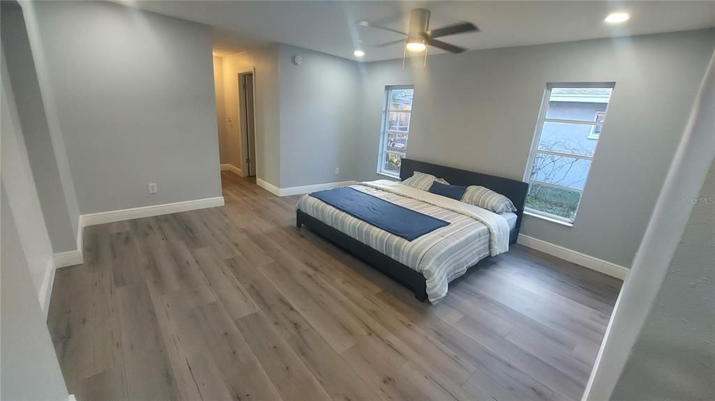 Bedroom, Interior, Recessed Lighting, Wood Texture Flooring