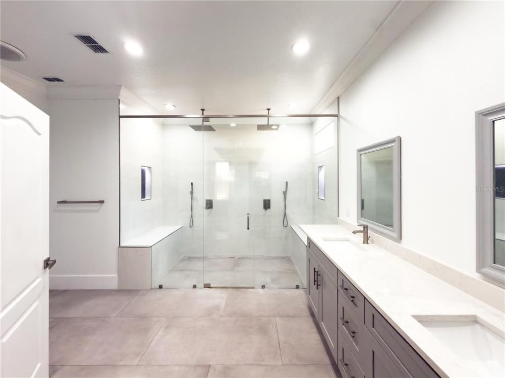 Bathroom, Dual Sink Vanities, Glass Shower, Interior, Recessed Lighting