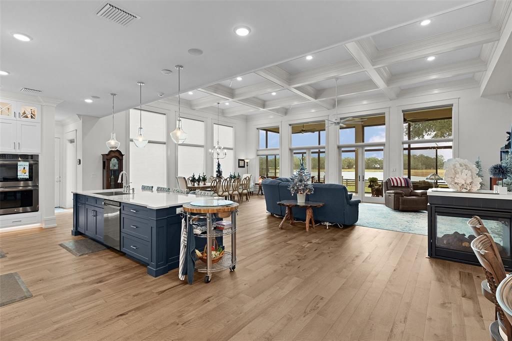 Dining room, Interior, Kitchen, Living room, Pendant Lights, Recessed Lighting, Stainless Steel Appliances, Wood Texture Flooring