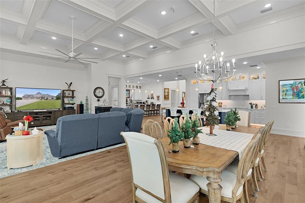 Chandelier, Dining room, Interior, Kitchen, Living room, Pendant Lights, Recessed Lighting, Stainless Steel Appliances, Wood Texture Flooring