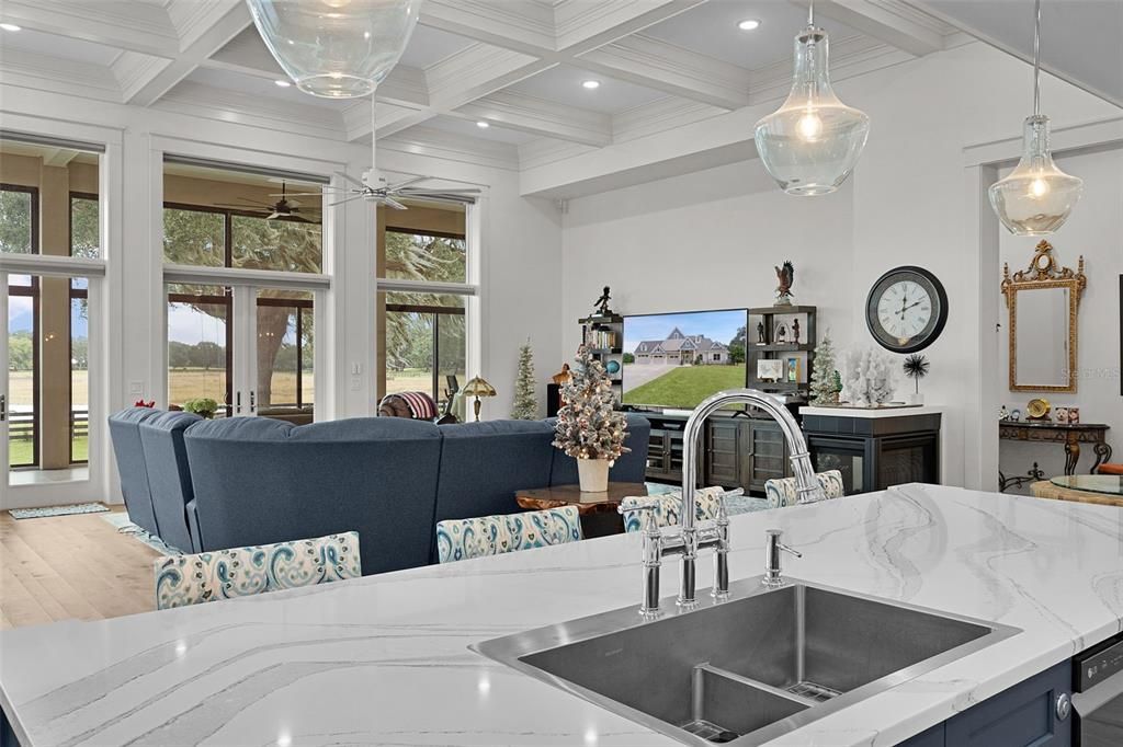 Interior, Kitchen, Living room, Pendant Lights, Recessed Lighting, Wood Texture Flooring