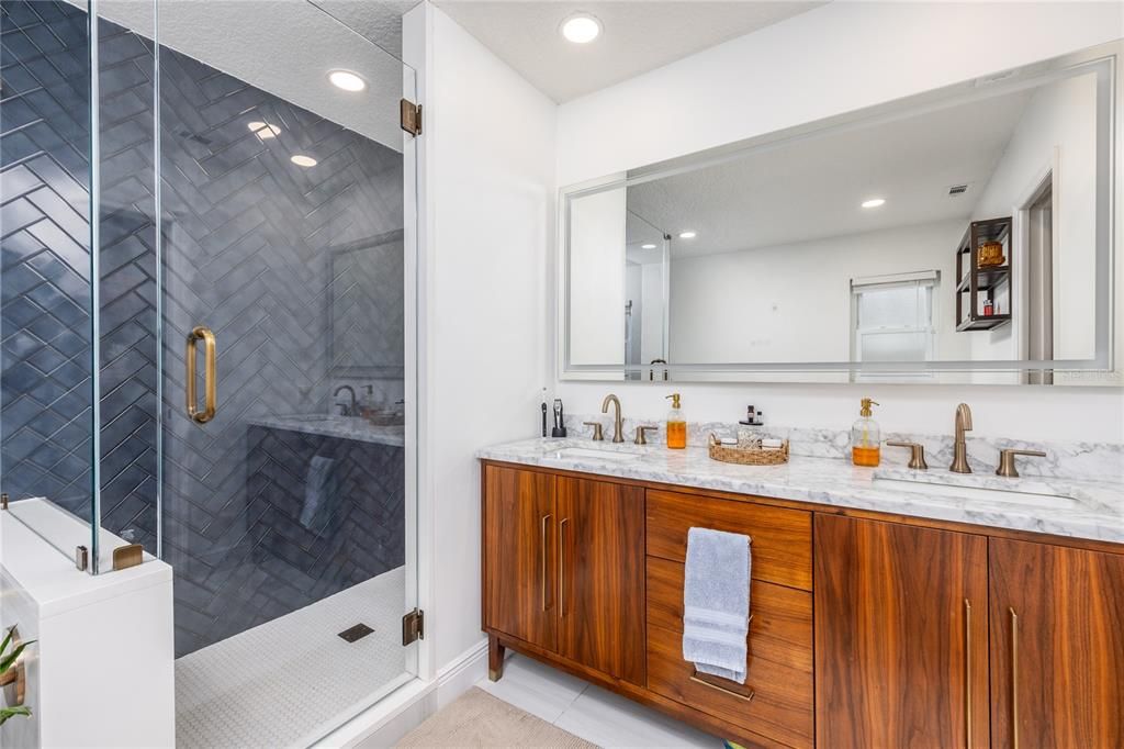Bathroom, Dual Sink Vanities, Glass Shower, Interior, Recessed Lighting