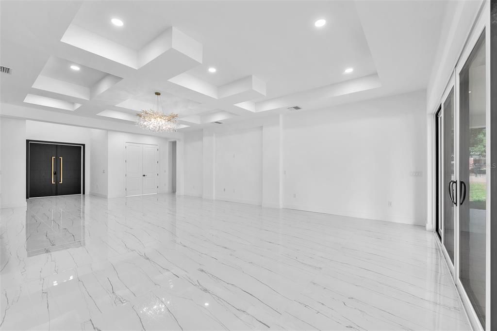 Chandelier, Empty room, Interior, Marble, Recessed Lighting