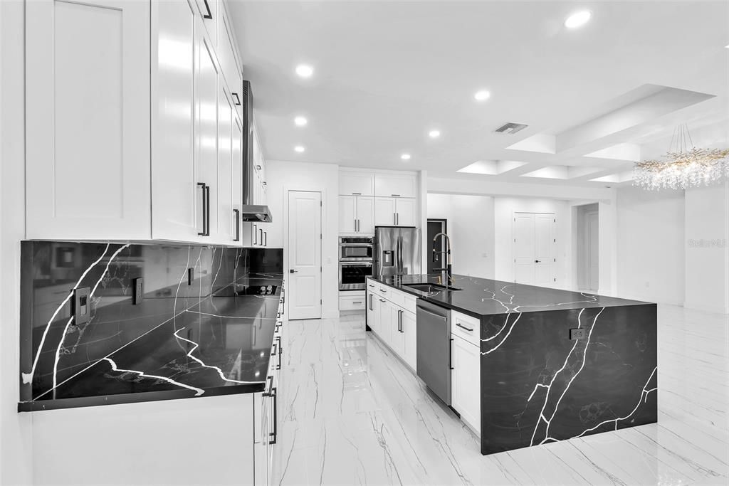 Chandelier, Interior, Kitchen, Marble, Recessed Lighting, Stainless Steel Appliances