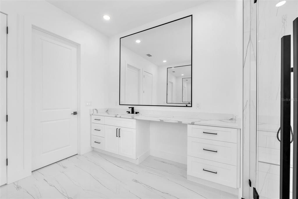 Bathroom, Dual Sink Vanities, Interior, Marble, Recessed Lighting