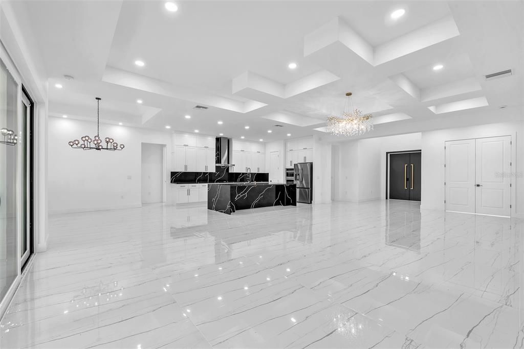 Chandelier, Empty room, Interior, Kitchen, Marble, Pendant Lights, Recessed Lighting