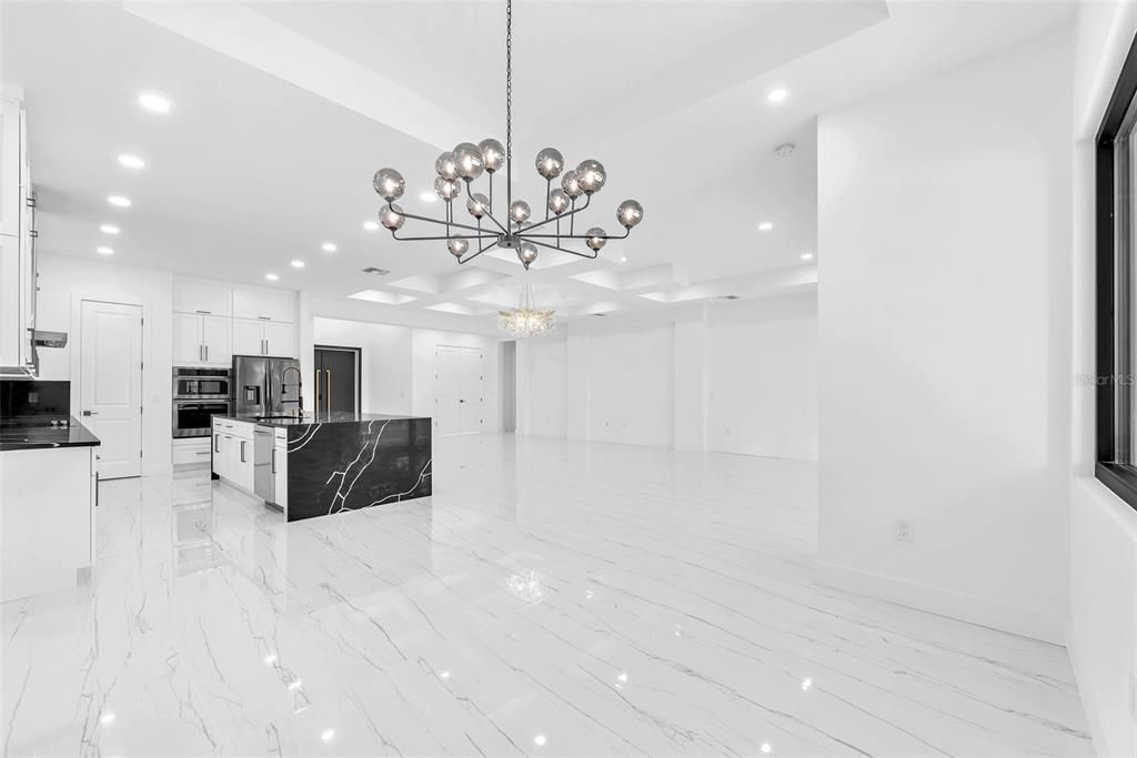 Chandelier, Interior, Kitchen, Marble, Pendant Lights, Recessed Lighting, Stainless Steel Appliances