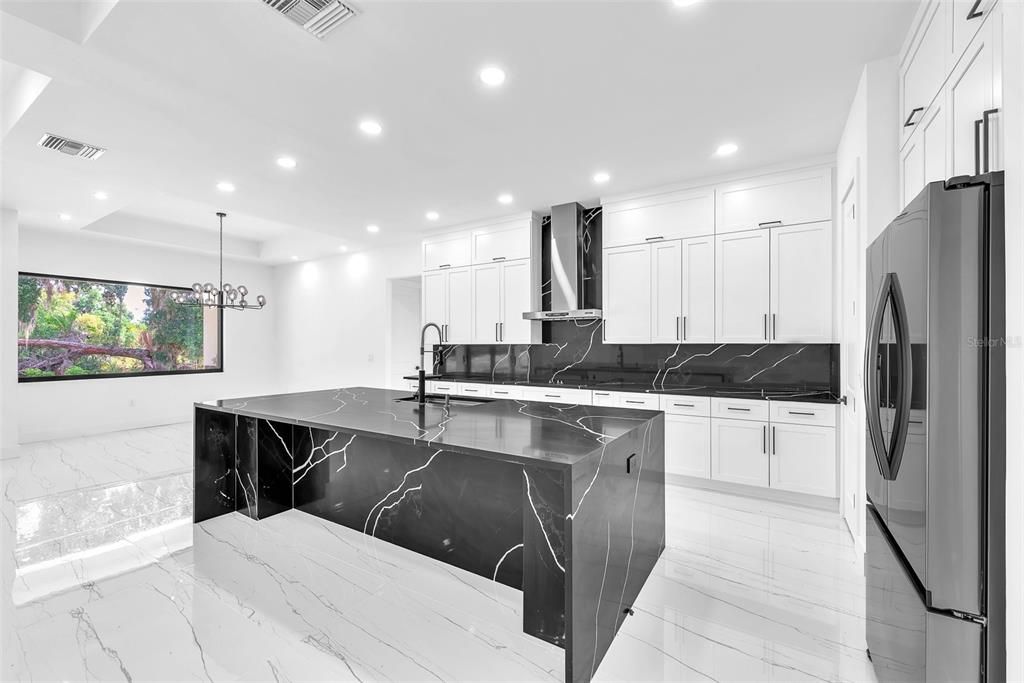 Interior, Kitchen, Marble, Marble Walls, Pendant Lights, Recessed Lighting