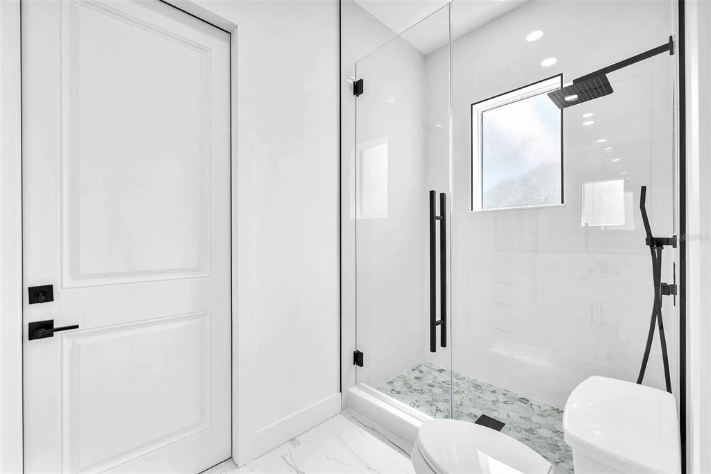 Bathroom, Glass Shower, Interior, Marble, Recessed Lighting