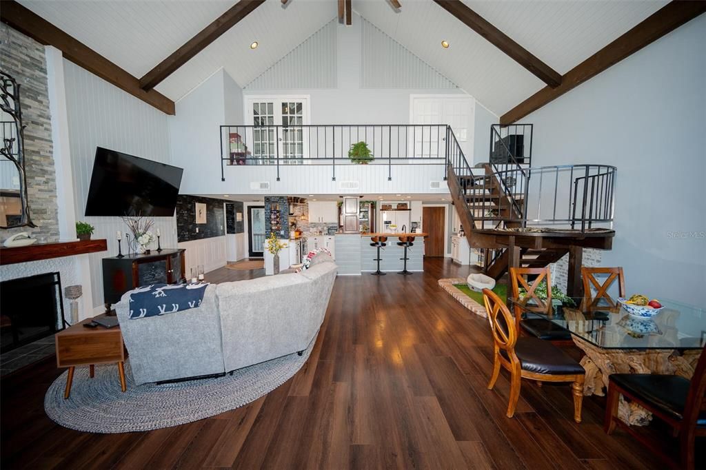 Dining room, Fireplace, Interior, Kitchen, Living room, Recessed Lighting, Wooden Beams, Wood Texture Flooring