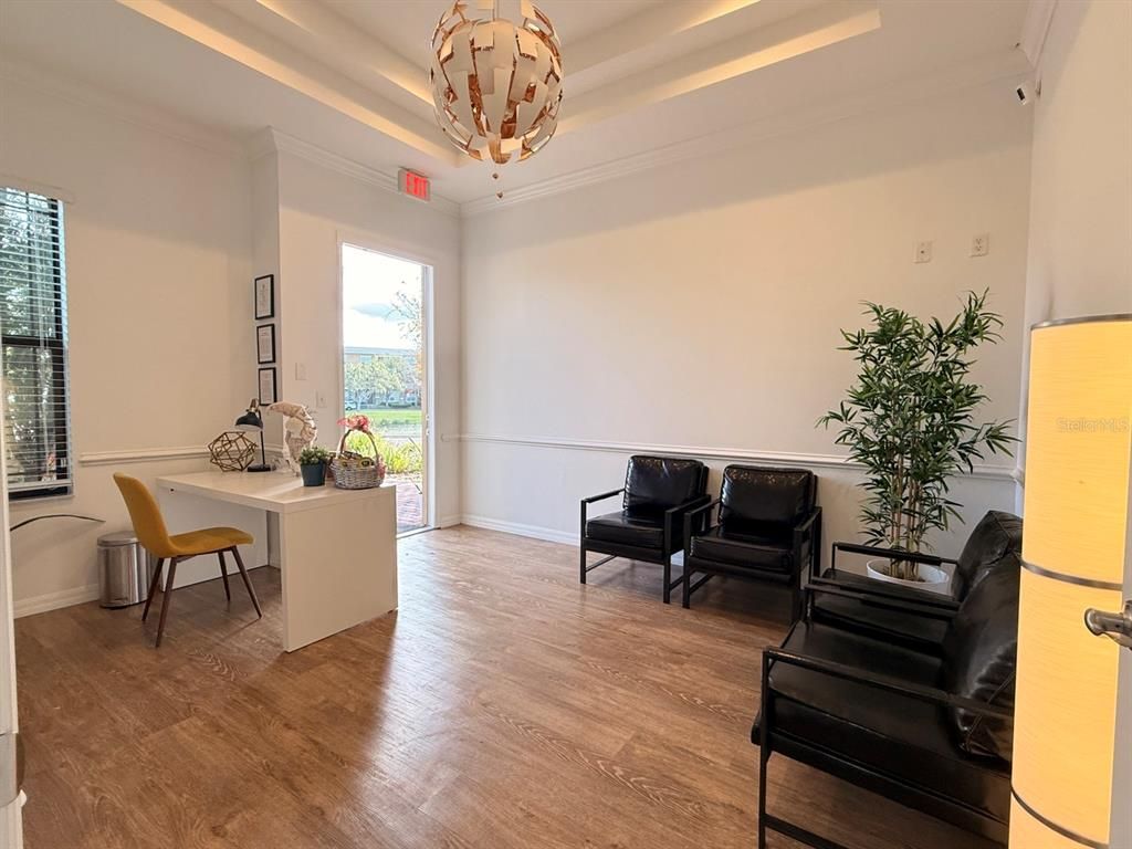 Chandelier, Home Office, Interior, Wood Texture Flooring