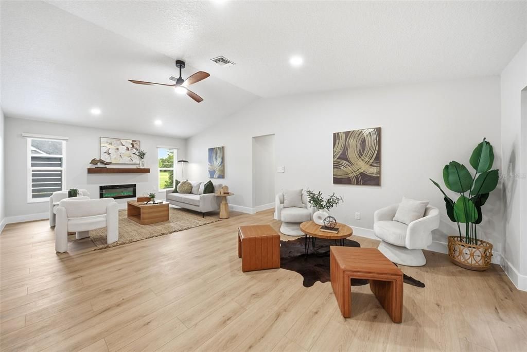 Fireplace, Interior, Living room, Recessed Lighting, Wood Texture Flooring