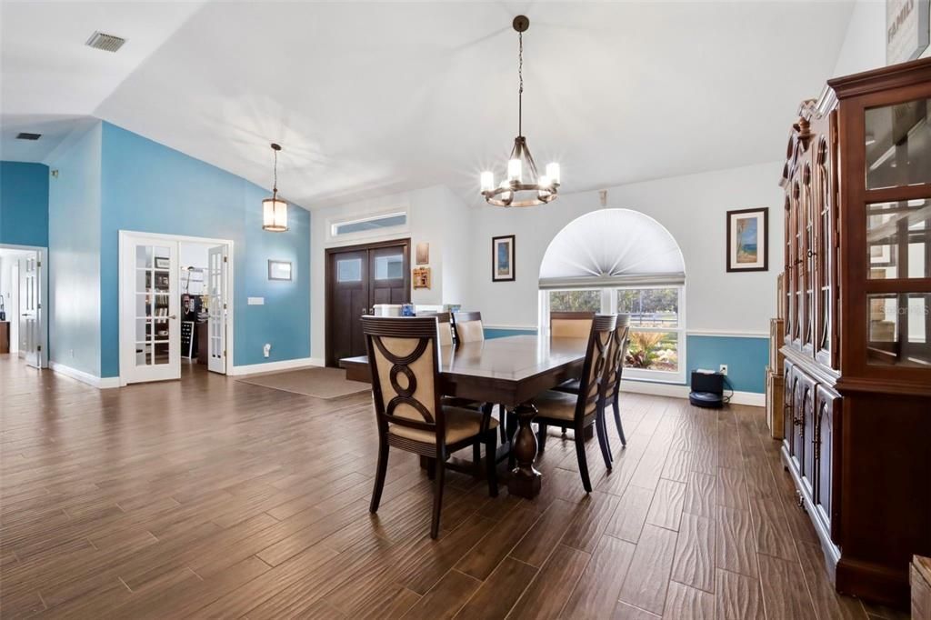 Chandelier, Dining room, Interior, Pendant Lights, Wood Texture Flooring