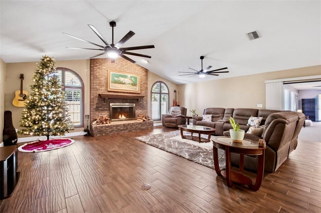 Fireplace, Interior, Living room, Stone Walls, Wood Texture Flooring