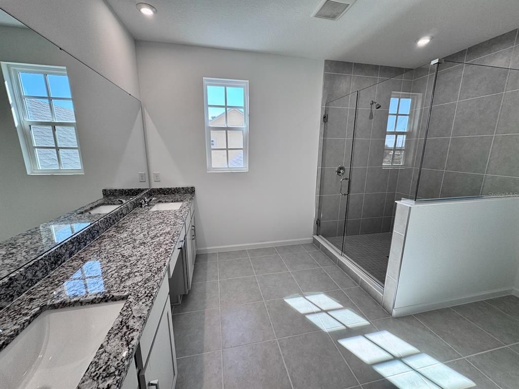 Bathroom, Dual Sink Vanities, Glass Shower, Interior, Recessed Lighting